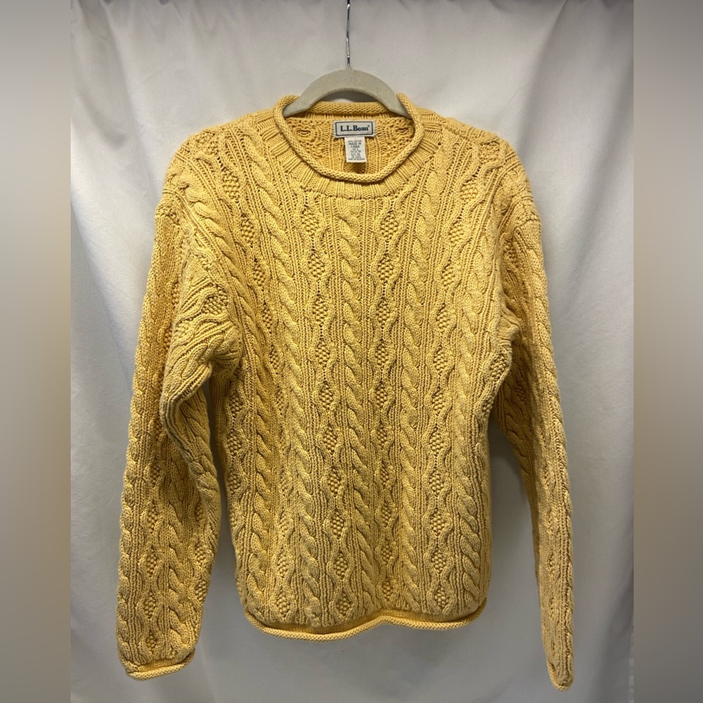 LL Bean Yellow Cable Knit Fisherman’s pullover sweater, size Youth XL